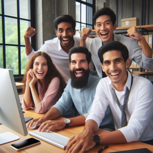 A group of people in front of a computer screen looking happy after completing an interactive and engaging cyber security escape game